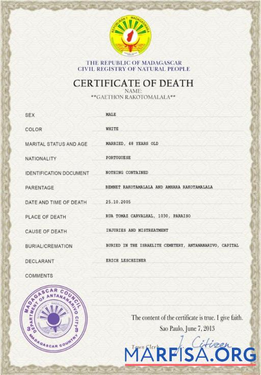 Downloadable Madagascar vital record death certificate PSD template